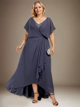 A-line V-Neck Asymmetrical Chiffon Mother of the Bride Dress With Sequins Beading Cascading Ruffles